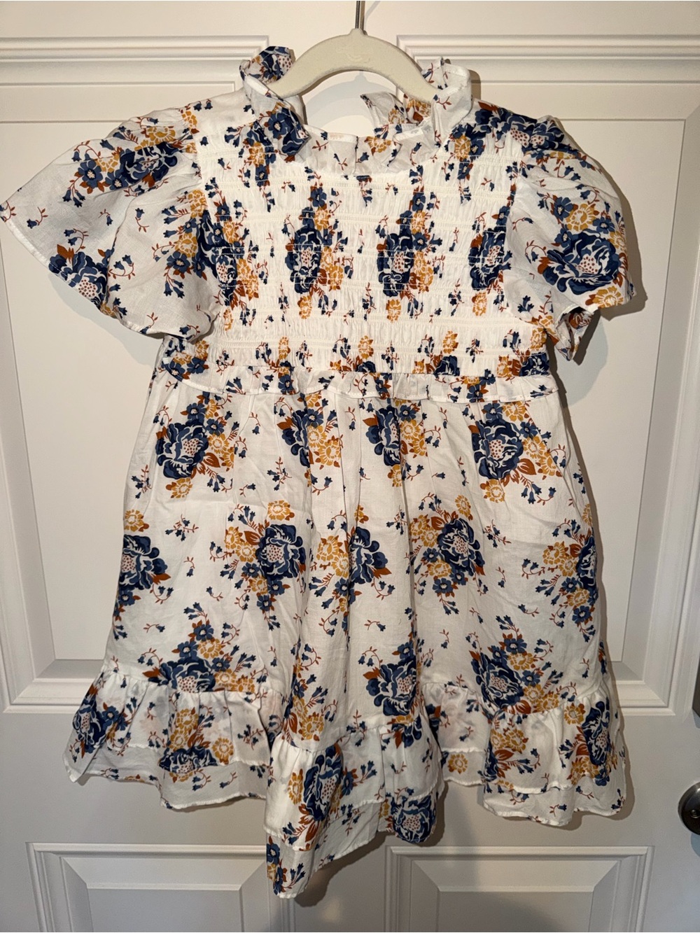 Janie and Jack White Floral Dress with Navy and Mustard Print